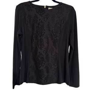 MICHAEL KORS Snakeskin Lace Crochet Longsleeve Black Round Neck Blouse NWT Large